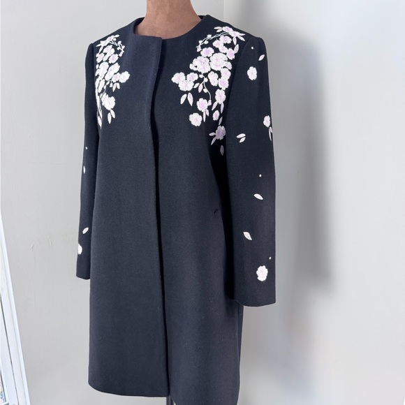 Ochirly  Chic Black Floral 4/5 Sleeve wool coat embroidery fit S - Picture 2 of 16